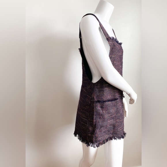 ZARA Tweed Burgundy Overalls Dress Mini Square Neck Sleeveless Classic Preppy S - Picture 10 of 12